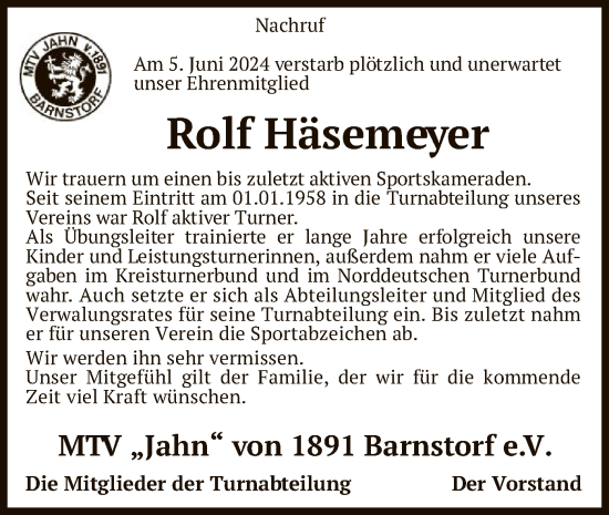 Traueranzeige von Rolf Häsemeyer von SYK