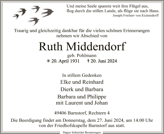 Traueranzeige von Ruth Middendorf von SYK