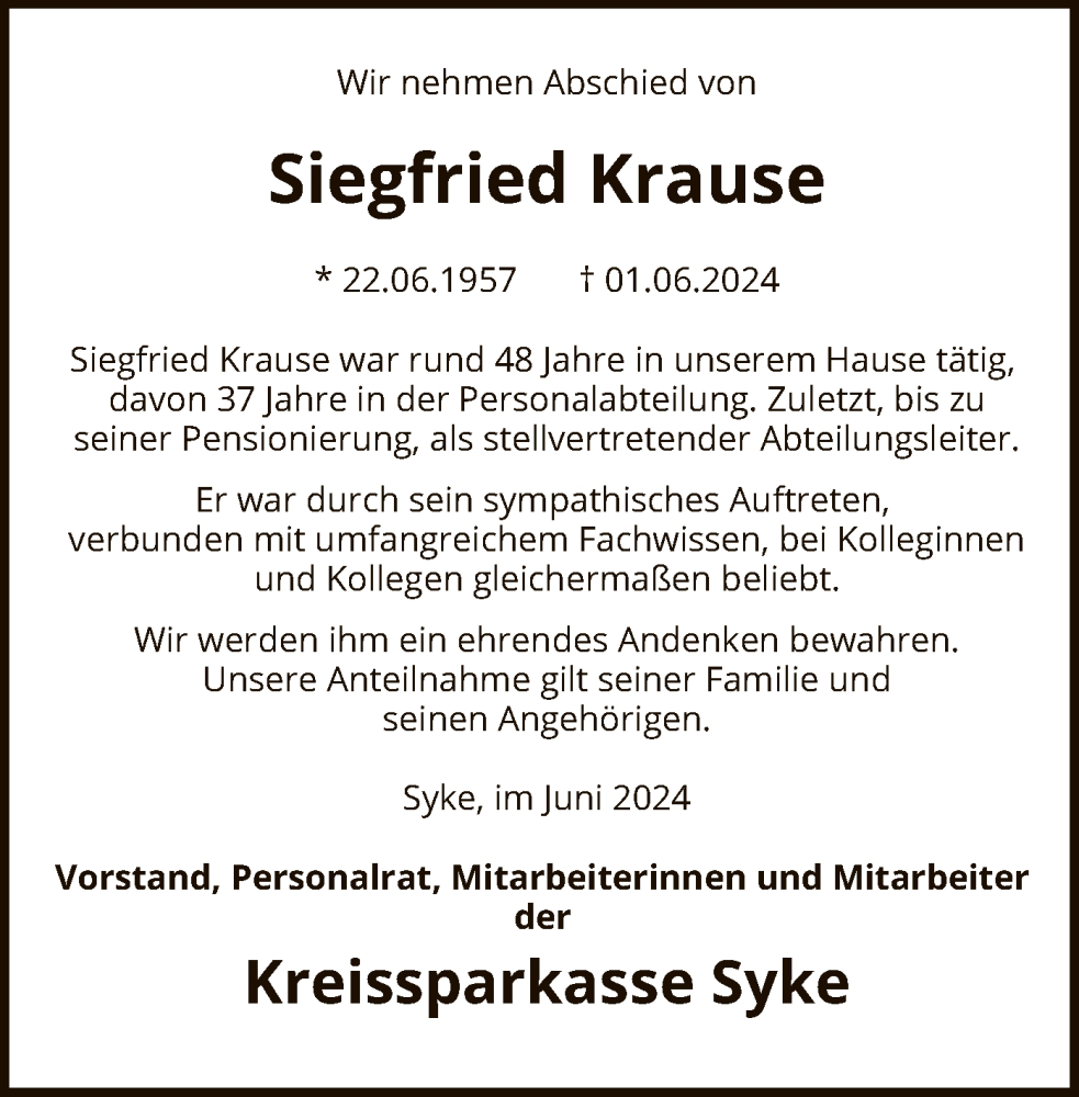  Traueranzeige für Siegfried Krause vom 11.06.2024 aus SYK