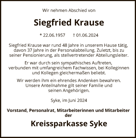 Traueranzeige von Siegfried Krause von SYK