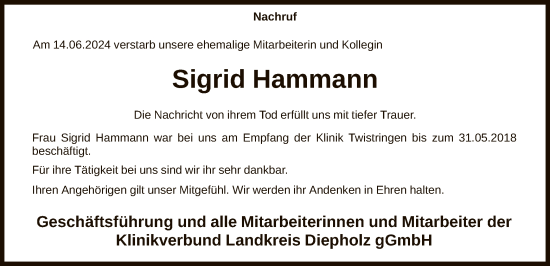 Traueranzeige von Sigrid Hammann von SYK