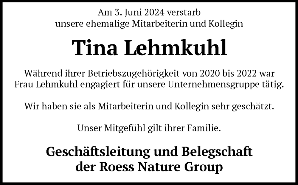  Traueranzeige für Tina Lehmkuhl vom 08.06.2024 aus SYK