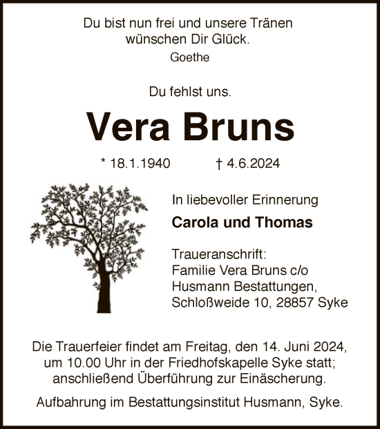 Traueranzeige von Vera Bruns