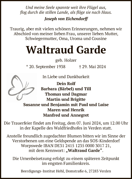 Traueranzeige von Waltraud Garde von SYK