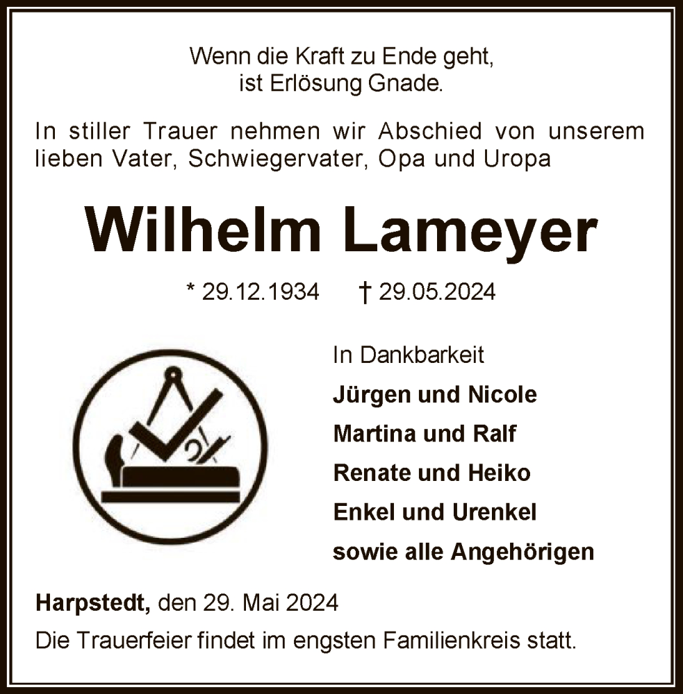  Traueranzeige für Wilhelm Lameyer vom 08.06.2024 aus SYKSYK