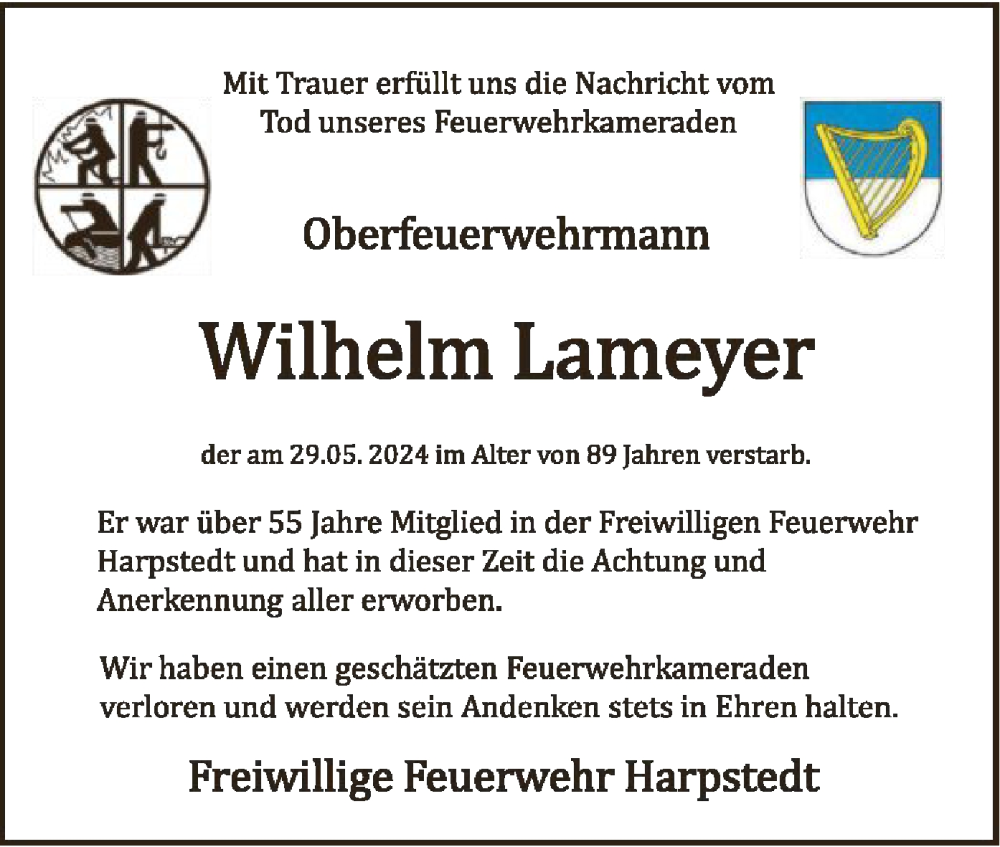  Traueranzeige für Wilhelm Lameyer vom 08.06.2024 aus SYK