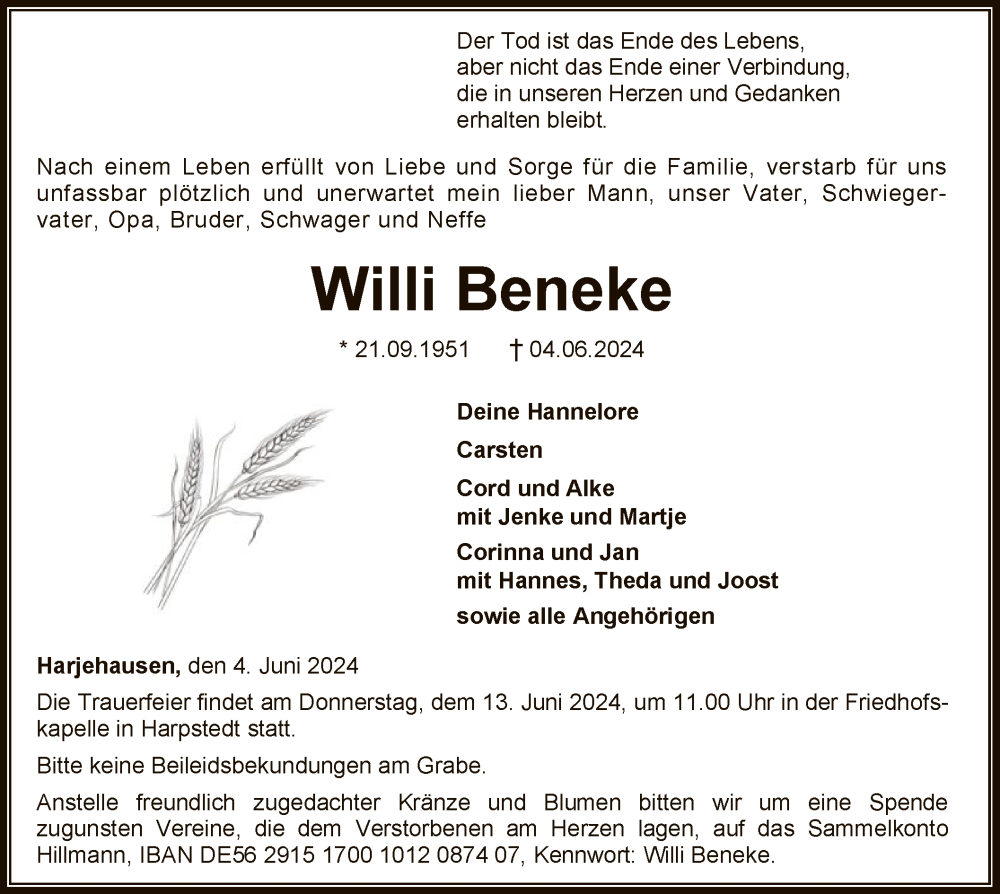  Traueranzeige für Willi Beneke vom 07.06.2024 aus SYKSYK