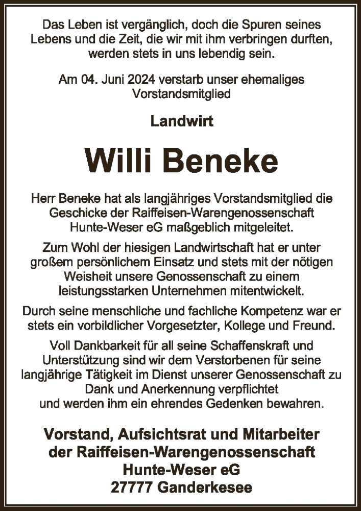  Traueranzeige für Willi Beneke vom 07.06.2024 aus SYKSYK