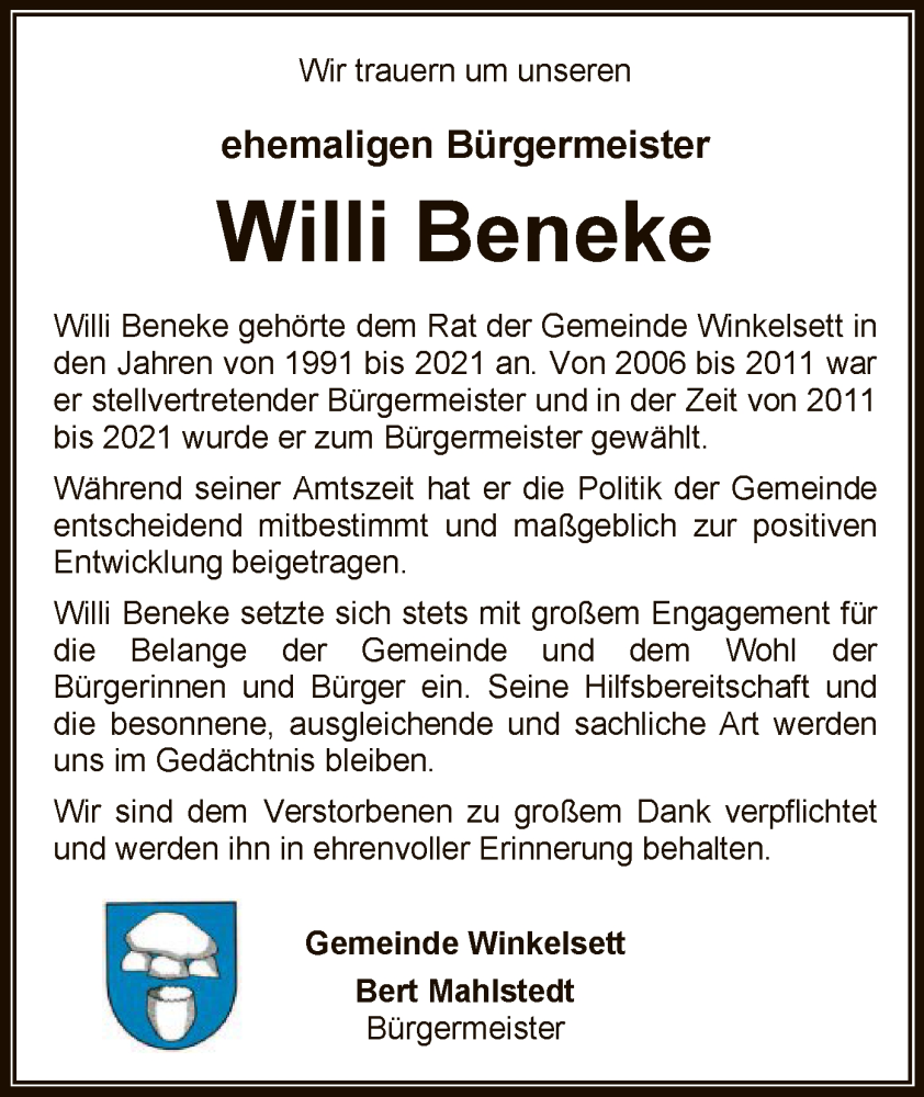  Traueranzeige für Willi Beneke vom 07.06.2024 aus SYK
