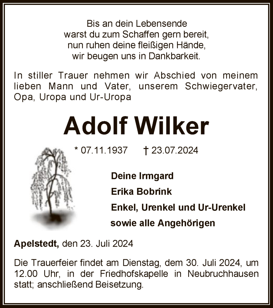  Traueranzeige für Adolf Wilker vom 26.07.2024 aus SYKSYK