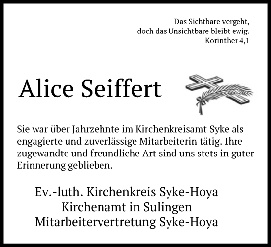 Traueranzeige von Alice Seiffert