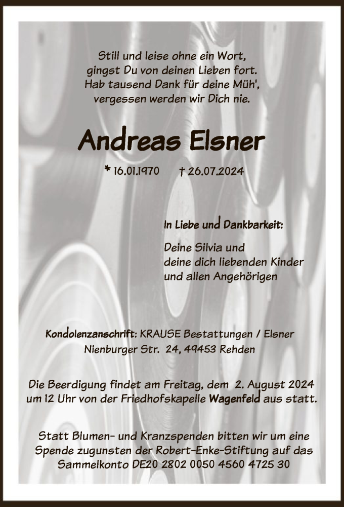  Traueranzeige für Andreas Elsner vom 31.07.2024 aus SYK