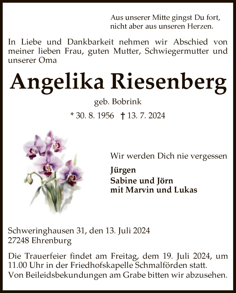  Traueranzeige für Angelika Riesenberg vom 17.07.2024 aus SYK