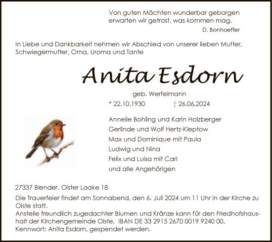 Traueranzeige von Anita Esdorn von SYK