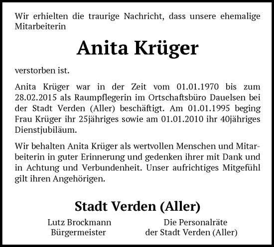 Traueranzeige von Anita Krüger von SYK