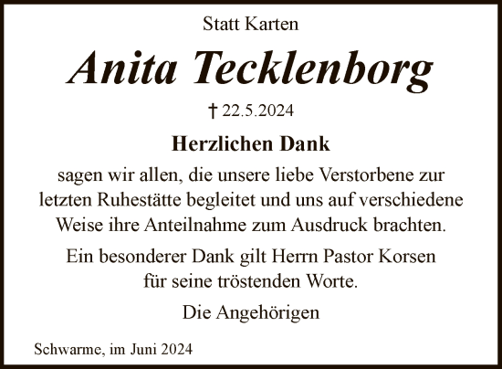 Traueranzeige von Anita Tecklenborg von SYKSYK