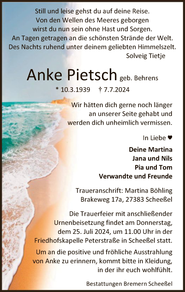  Traueranzeige für Anke Pietsch vom 13.07.2024 aus SYK