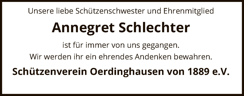  Traueranzeige für Annegret Schlechter vom 31.07.2024 aus SYK