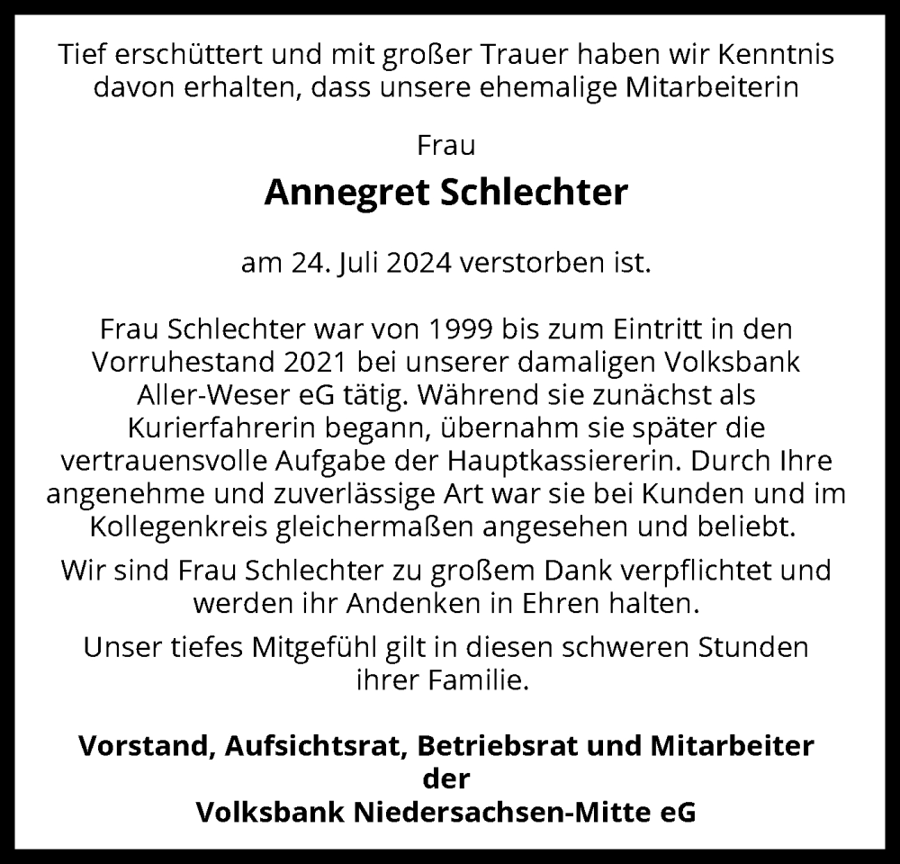  Traueranzeige für Annegret Schlechter vom 31.07.2024 aus SYK