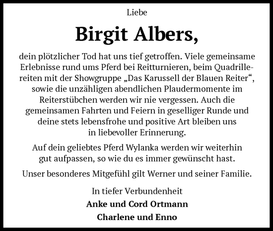 Traueranzeige von Birgit Albers