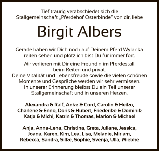 Traueranzeige von Birgit Albers