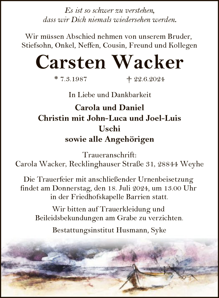  Traueranzeige für Carsten Wacker vom 06.07.2024 aus SYK