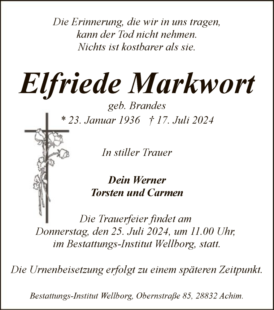  Traueranzeige für Elfriede Markwort vom 23.07.2024 aus SYK