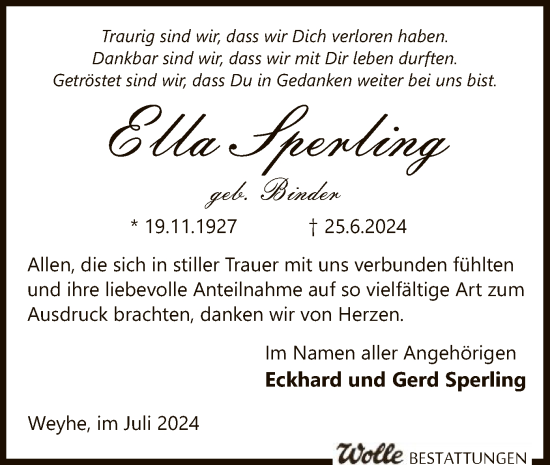 Traueranzeige von Ella Sperling von SYK