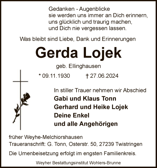 Traueranzeige von Gerda Lojek von SYK