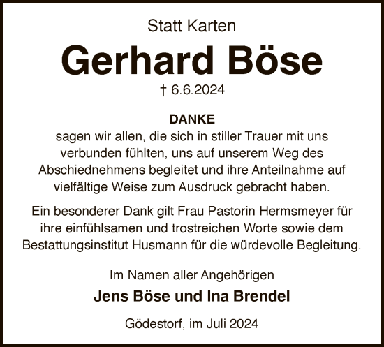 Traueranzeige von Gerhard Böse