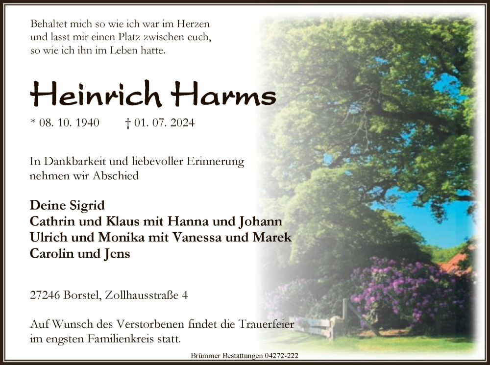  Traueranzeige für Heinrich Harms vom 05.07.2024 aus SYK