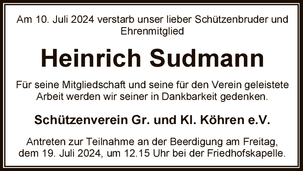  Traueranzeige für Heinrich Sudmann vom 13.07.2024 aus SYKSYK