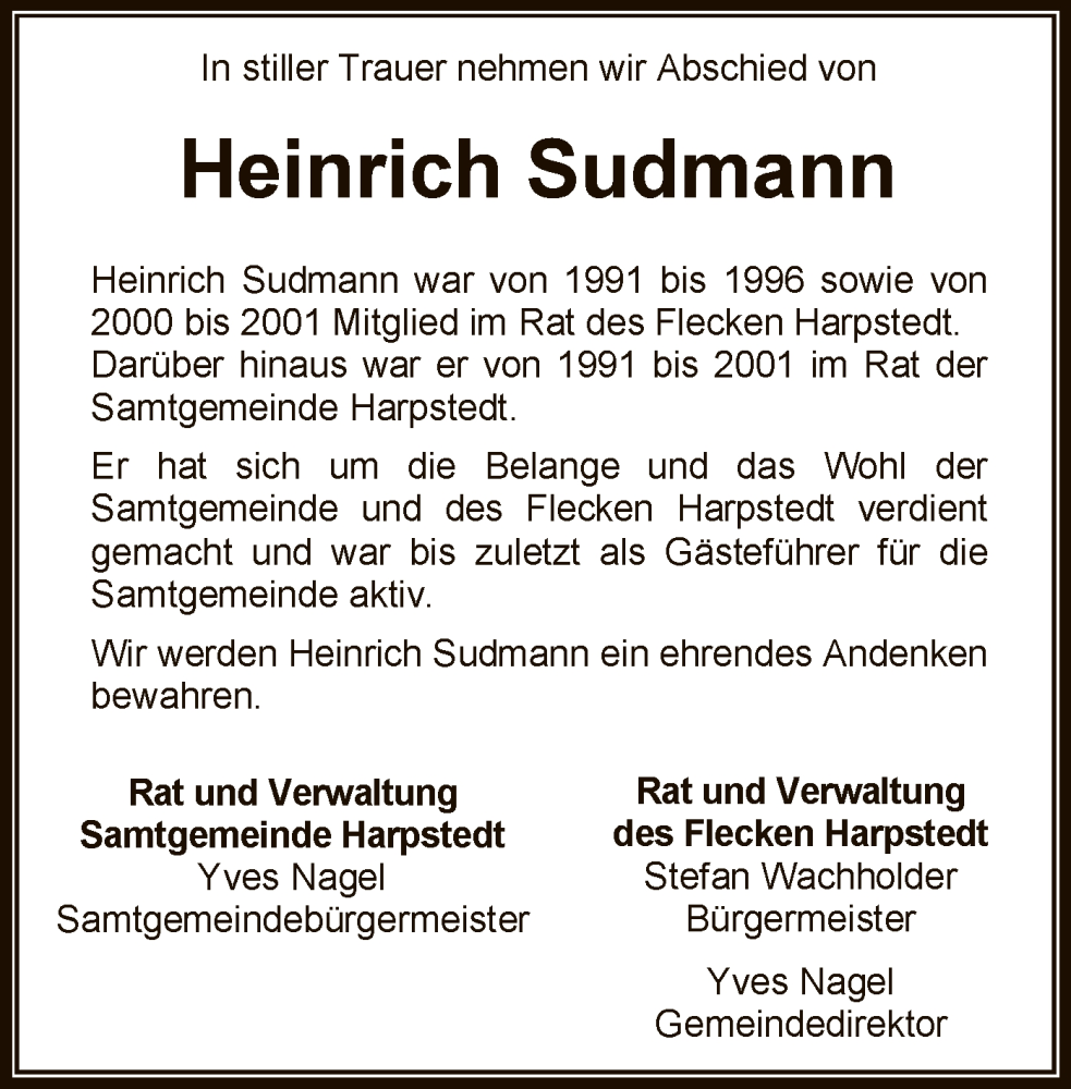  Traueranzeige für Heinrich Sudmann vom 13.07.2024 aus SYK