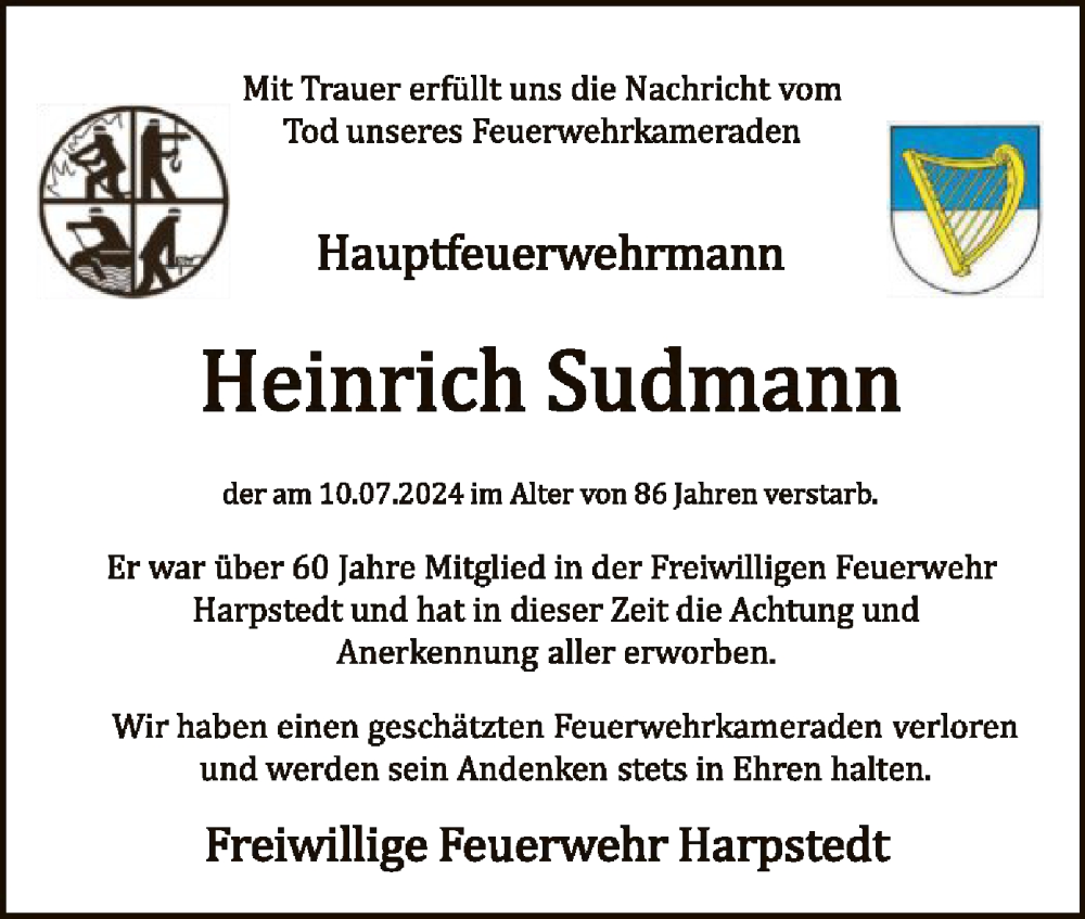  Traueranzeige für Heinrich Sudmann vom 13.07.2024 aus SYK