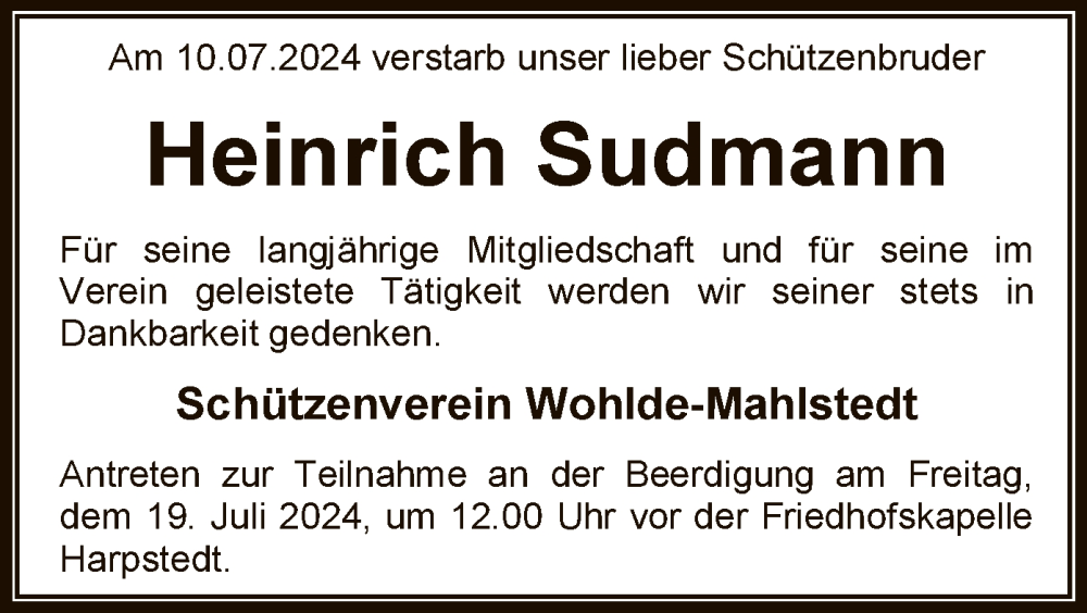  Traueranzeige für Heinrich Sudmann vom 13.07.2024 aus SYKSYK