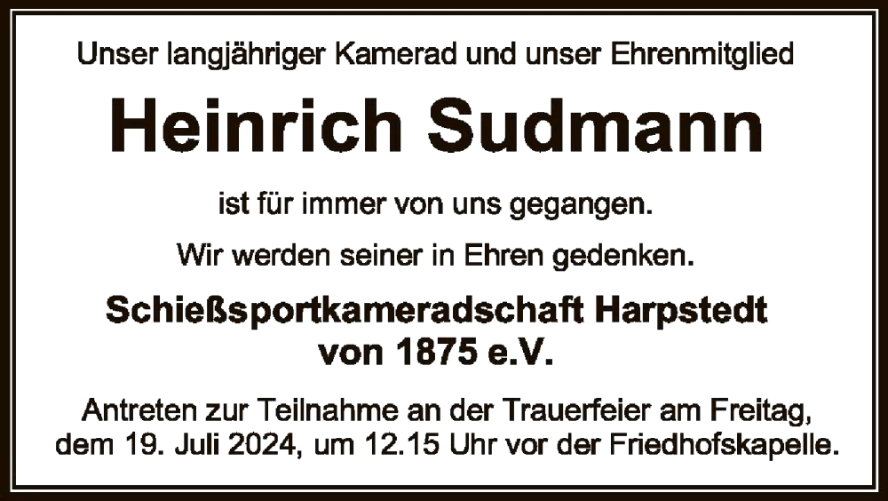  Traueranzeige für Heinrich Sudmann vom 13.07.2024 aus SYKSYK