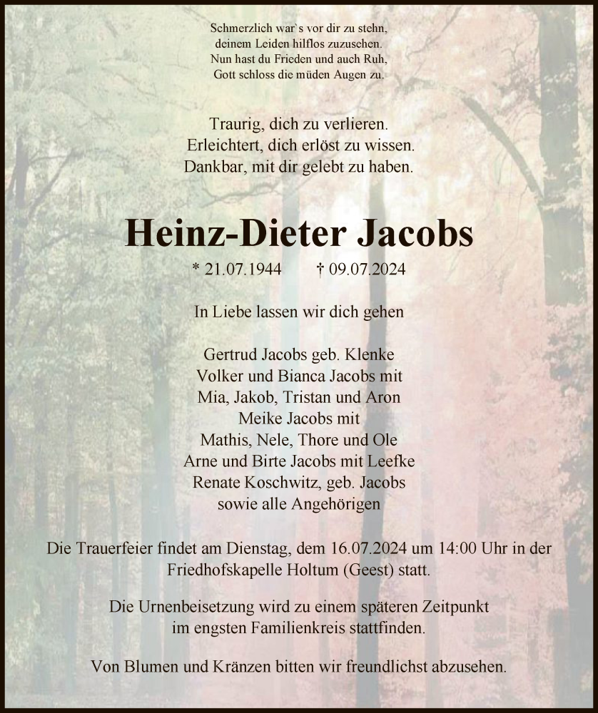  Traueranzeige für Heinz-Dieter Jacobs vom 13.07.2024 aus SYK