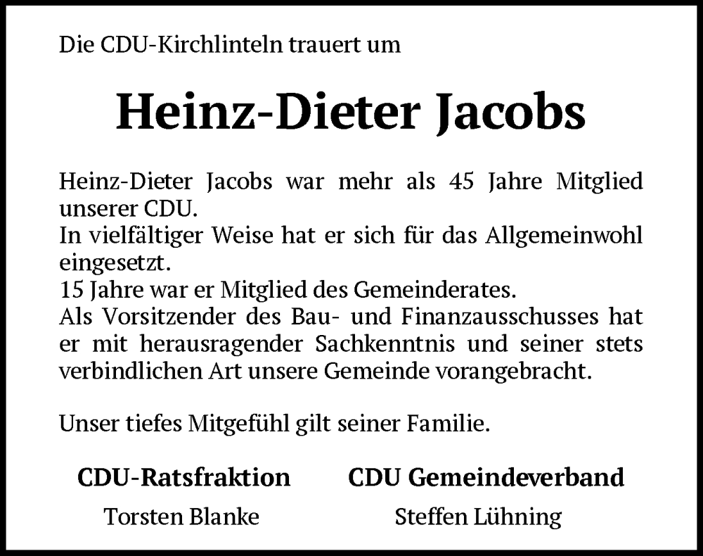  Traueranzeige für Heinz-Dieter Jacobs vom 13.07.2024 aus SYK