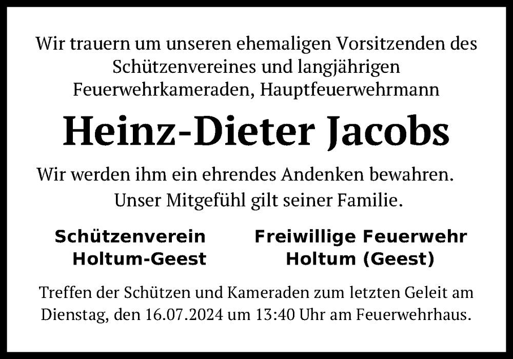  Traueranzeige für Heinz-Dieter Jacobs vom 13.07.2024 aus SYK