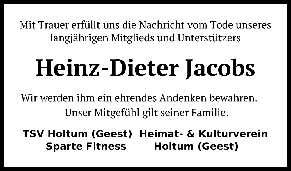  Traueranzeige für Heinz-Dieter Jacobs vom 13.07.2024 aus SYK