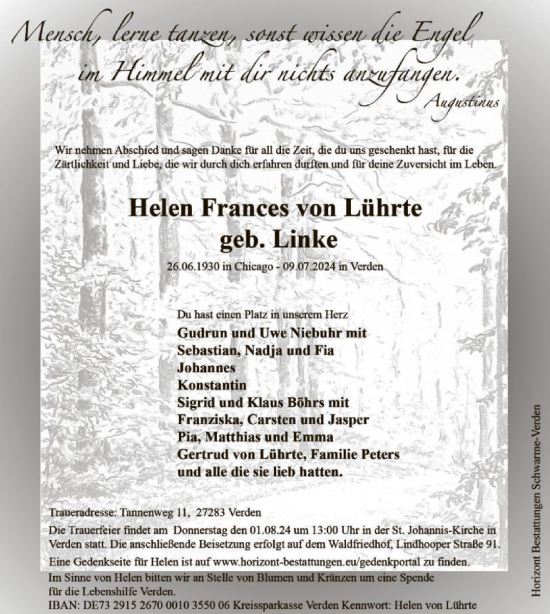 Traueranzeige von Helen Frances von Lührte von SYKSYK