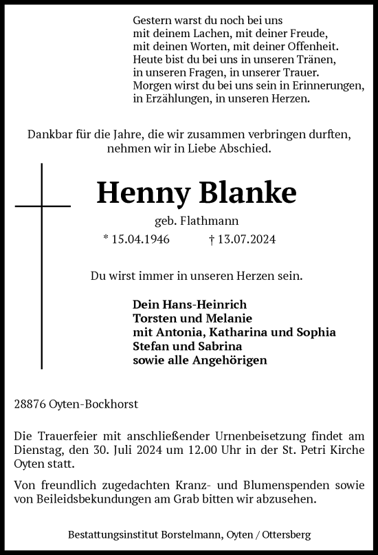 Traueranzeige von Henny Blanke von SYK