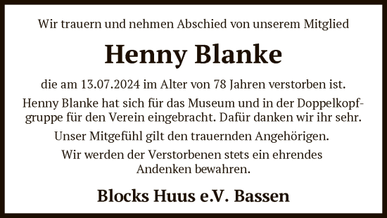 Traueranzeige von Henny Blanke von SYK