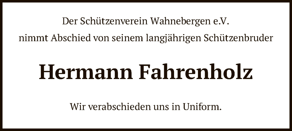  Traueranzeige für Hermann Fahrenholz vom 13.07.2024 aus SYK