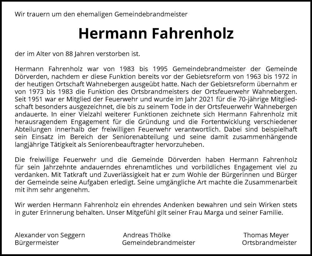  Traueranzeige für Hermann Fahrenholz vom 13.07.2024 aus SYK