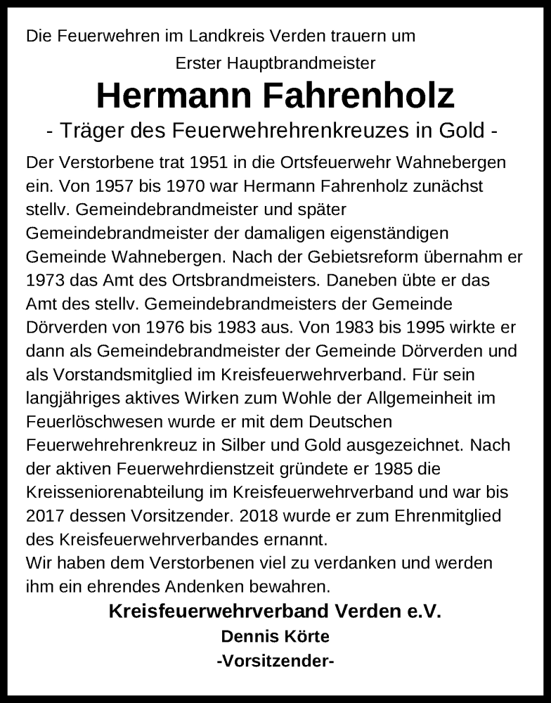  Traueranzeige für Hermann Fahrenholz vom 13.07.2024 aus SYK