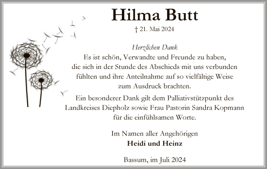 Traueranzeige von Hilma Butt von SYK