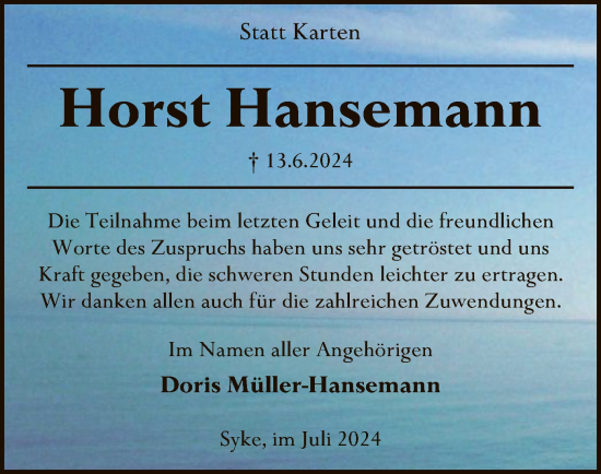 Traueranzeige von Horst Hansemann