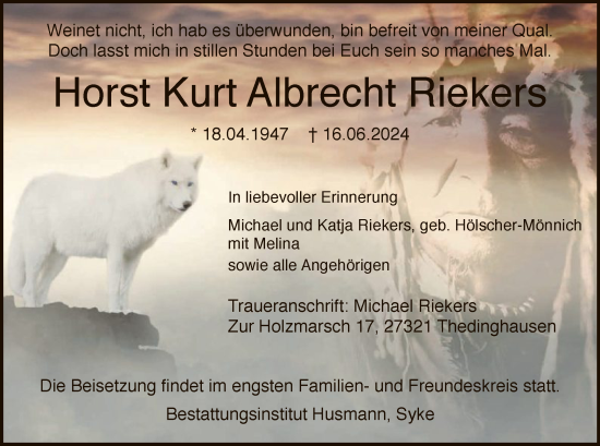 Traueranzeige von Horst Kurt Albrecht Riekers von SYK