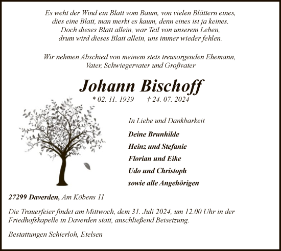 Traueranzeige von Johann Bischoff von SYK